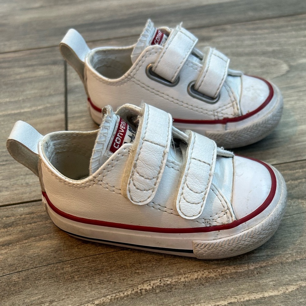 Converse Kids White Leather Sneakers with Red Trim